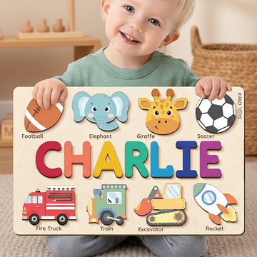 Personalized Name Puzzle for Toddlers 1-3, Wooden Montessori Animal Learning Toy, Custom Baby 1st Birthday Gift, Nursery Decor Keepsake