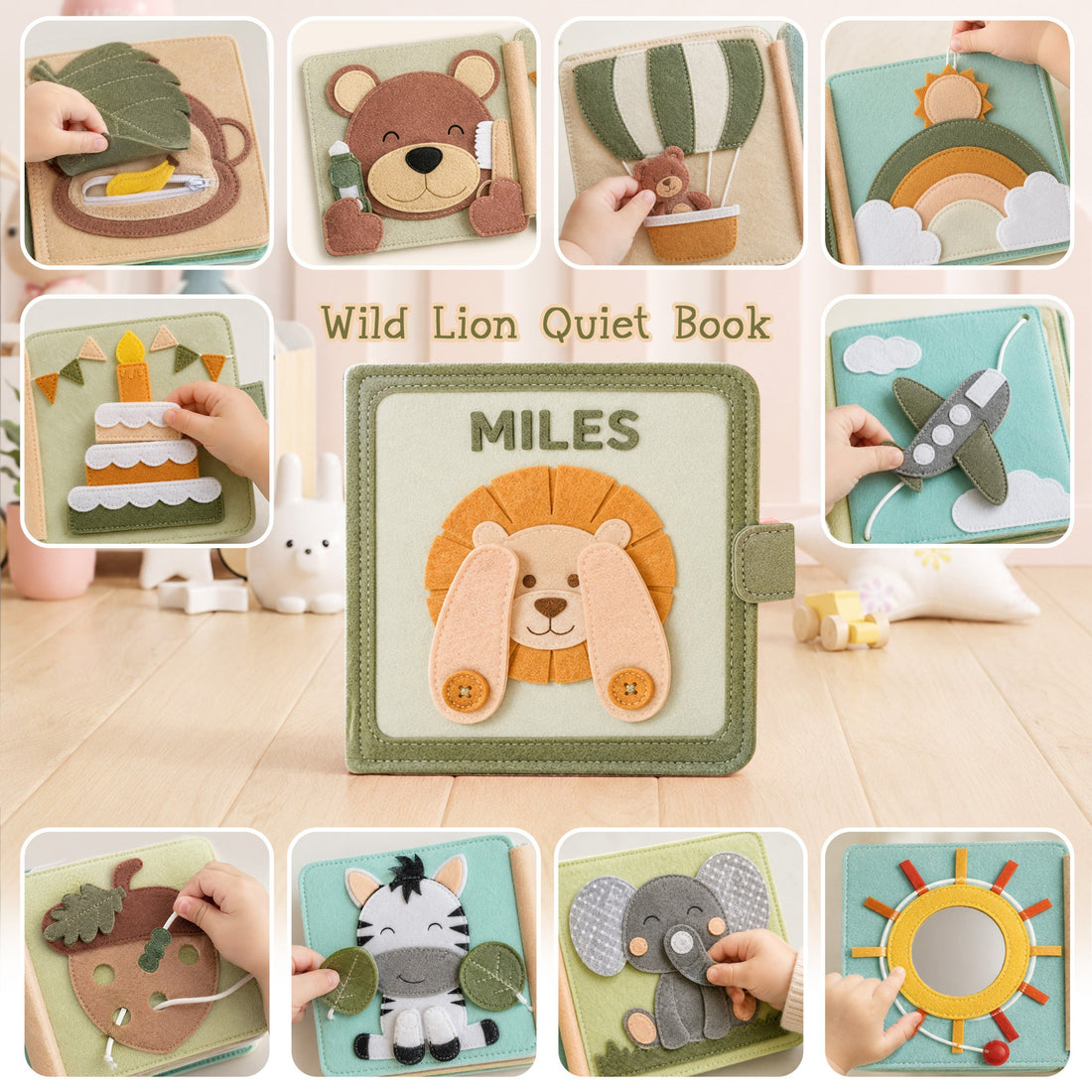 Lion Theme - Personalized Busy Book For Kids, Handmade Felt Quite Book, Montessori Fabric Busy Book