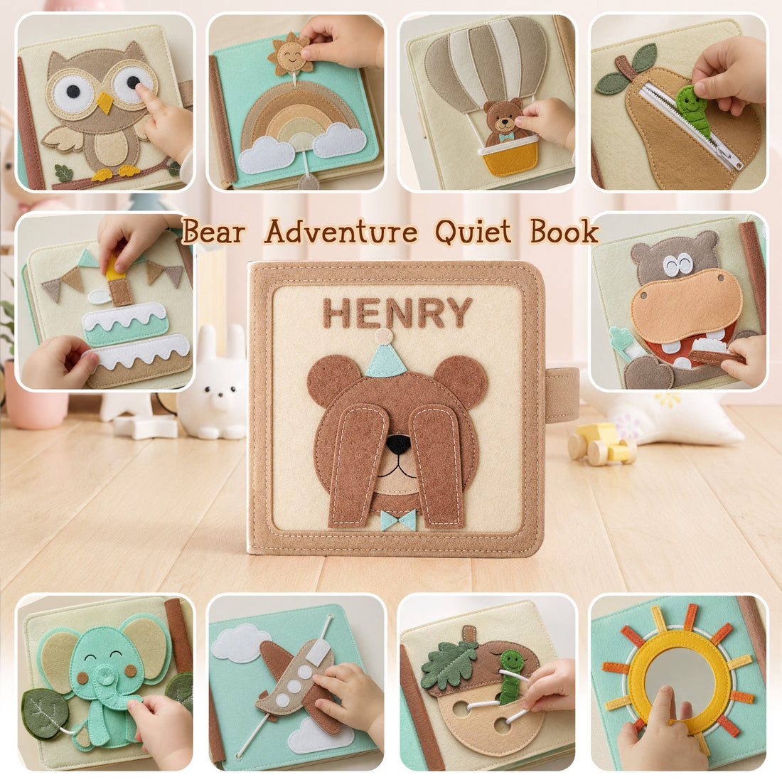 Teddy Theme - Personalized Busy Book For Kids, Handmade Felt Quite Book, Montessori Fabric Busy Book