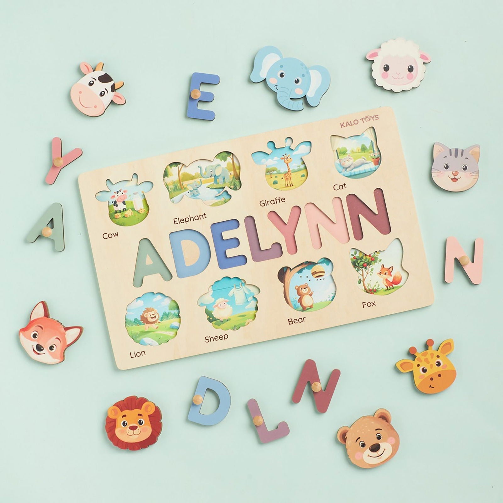 Animal Name Puzzle for Kids, Wooden Toddler Puzzle with Story-Themed Elements, Custom Gifts For 1-3 Year Old, Nursery Decor NP53 - Kindlytoys
