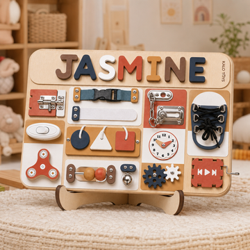 Personalized Wooden Busy Board with Name Puzzle for Toddlers - Montessori Sensory Activity Board -First Birthday Gift for Boys & Girls BB56